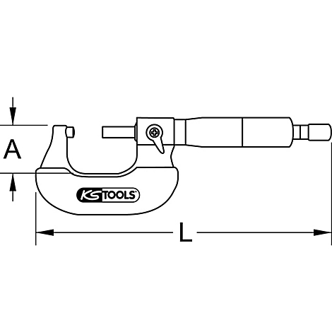 Mikrometerschraube in Seitenansicht mit Maßangaben und Logo.